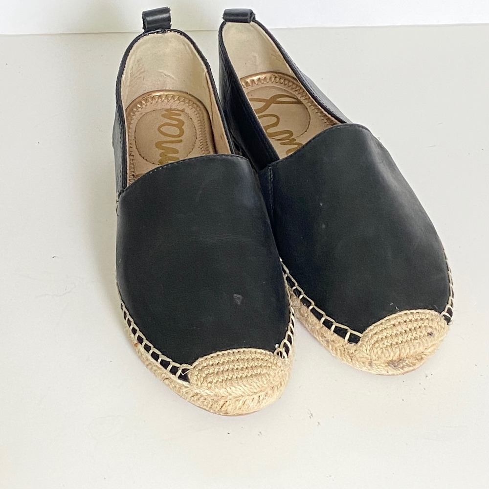 Sam Edelman Khloe Black Leather Espadrille Flats Jute Cap Toe Slip On Shoes 7M - Picture 2 of 7